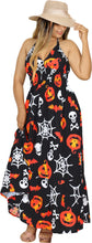 Load image into Gallery viewer, La Leela Women&#39;s Halloween Halter Neck Pumpkin and Skull Cross Web Print  Black Color Long Flowy Dress
