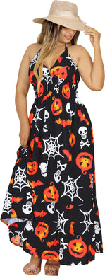 La Leela Women's Halloween Halter Neck Pumpkin and Skull Cross Web Print  Black Color Long Flowy Dress