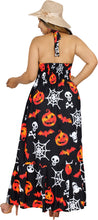 Cargar imagen en el visor de la galería, La Leela Women&#39;s Halloween Halter Neck Pumpkin and Skull Cross Web Print  Black Color Long Flowy Dress