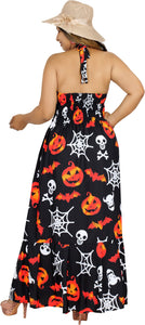 La Leela Women's Halloween Halter Neck Pumpkin and Skull Cross Web Print  Black Color Long Flowy Dress