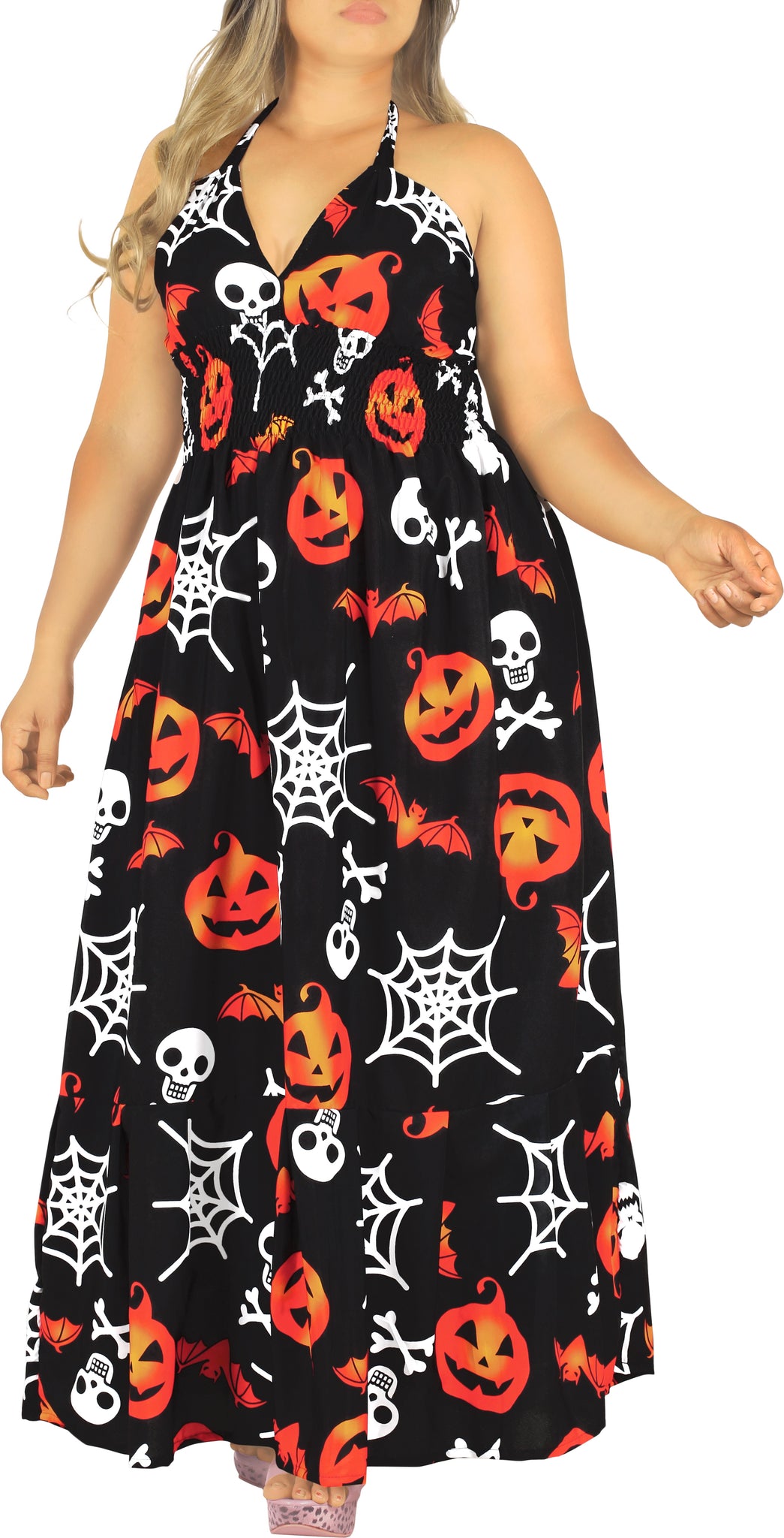 La Leela Women's Halloween Halter Neck Pumpkin and Skull Cross Web Print Black Color Long Flowy Dress La Leela Women's Halloween Halter Neck Pumpkin and Skull Cross Web Print Black Color Long Flowy Dress