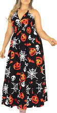 Cargar imagen en el visor de la galería, La Leela Women&#39;s Halloween Halter Neck Pumpkin and Skull Cross Web Print  Black Color Long Flowy Dress