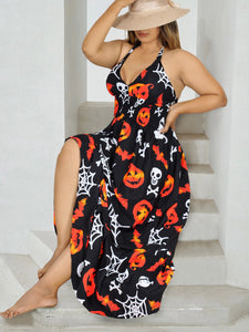 La Leela Women's Halloween Halter Neck Pumpkin and Skull Cross Web Print Black Color Long Flowy Dress La Leela Women's Halloween Halter Neck Pumpkin and Skull Cross Web Print Black Color Long Flowy Dress