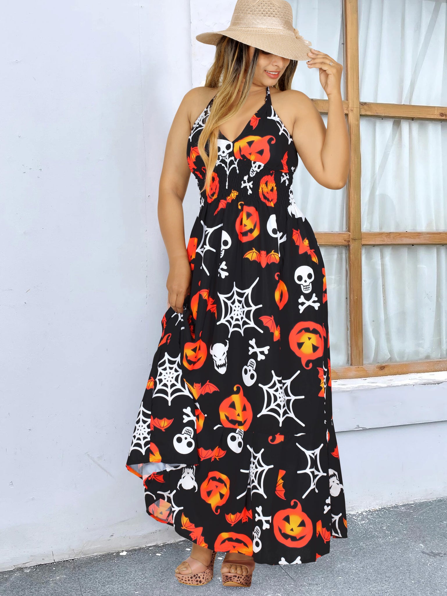 La Leela Women's Halloween Halter Neck Pumpkin and Skull Cross Web Print Black Color Long Flowy Dress La Leela Women's Halloween Halter Neck Pumpkin and Skull Cross Web Print Black Color Long Flowy Dress