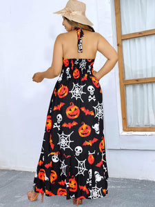 La Leela Women's Halloween Halter Neck Pumpkin and Skull Cross Web Print  Black Color Long Flowy Dress
