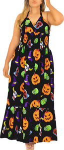 La Leela Women's Halloween Halter Neck Scary Pumpkin Dead Skull And Witch Hat Print Black Color Long Flowy Dress