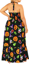 Load image into Gallery viewer, La Leela Women&#39;s Halloween Halter Neck Scary Pumpkin Dead Skull And Witch Hat Print Black Color Long Flowy Dress