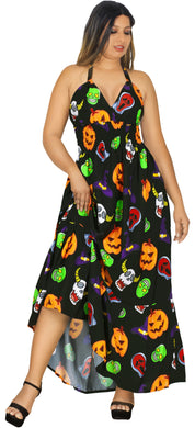 La Leela Women's Halloween Halter Neck Scary Pumpkin Dead Skull And Witch Hat Print Black Color Long Flowy Dress