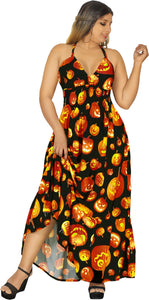 La Leela Women's Halloween Halter Neck With Pumpkin Print Black Color Long Flowy Dress