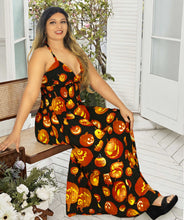 Load image into Gallery viewer, La Leela Women&#39;s Halloween Halter Neck With Pumpkin Print Black Color Long Flowy Dress