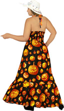 Load image into Gallery viewer, La Leela Women&#39;s Halloween Halter Neck With Pumpkin Print Black Color Long Flowy Dress