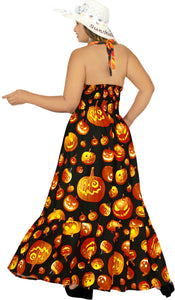 La Leela Women's Halloween Halter Neck With Pumpkin Print Black Color Long Flowy Dress