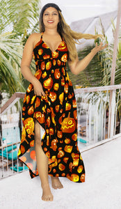 La Leela Women's Halloween Halter Neck With Pumpkin Print Black Color Long Flowy Dress