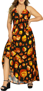La Leela Women's Halloween Halter Neck With Pumpkin Print Black Color Long Flowy Dress