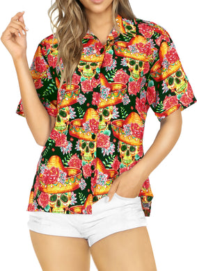 La Leela Halloween Women's Tropical Skull Floral Printed Black Shirt