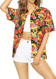 La Leela Halloween Women's Tropical Skull Floral Printed Black Shirt