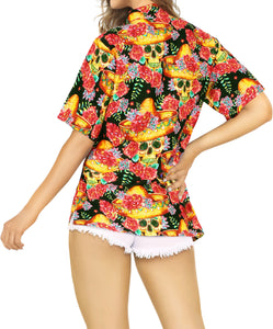 La Leela Halloween Women's Tropical Skull Floral Printed Black Shirt