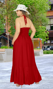 Solid Red Halter Neck Long Maxi Dress
