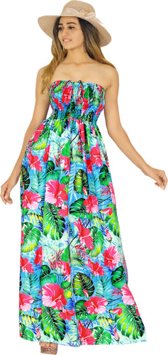 Multicolor Allover Flower and leaves Printed Long Tube Dress For Women