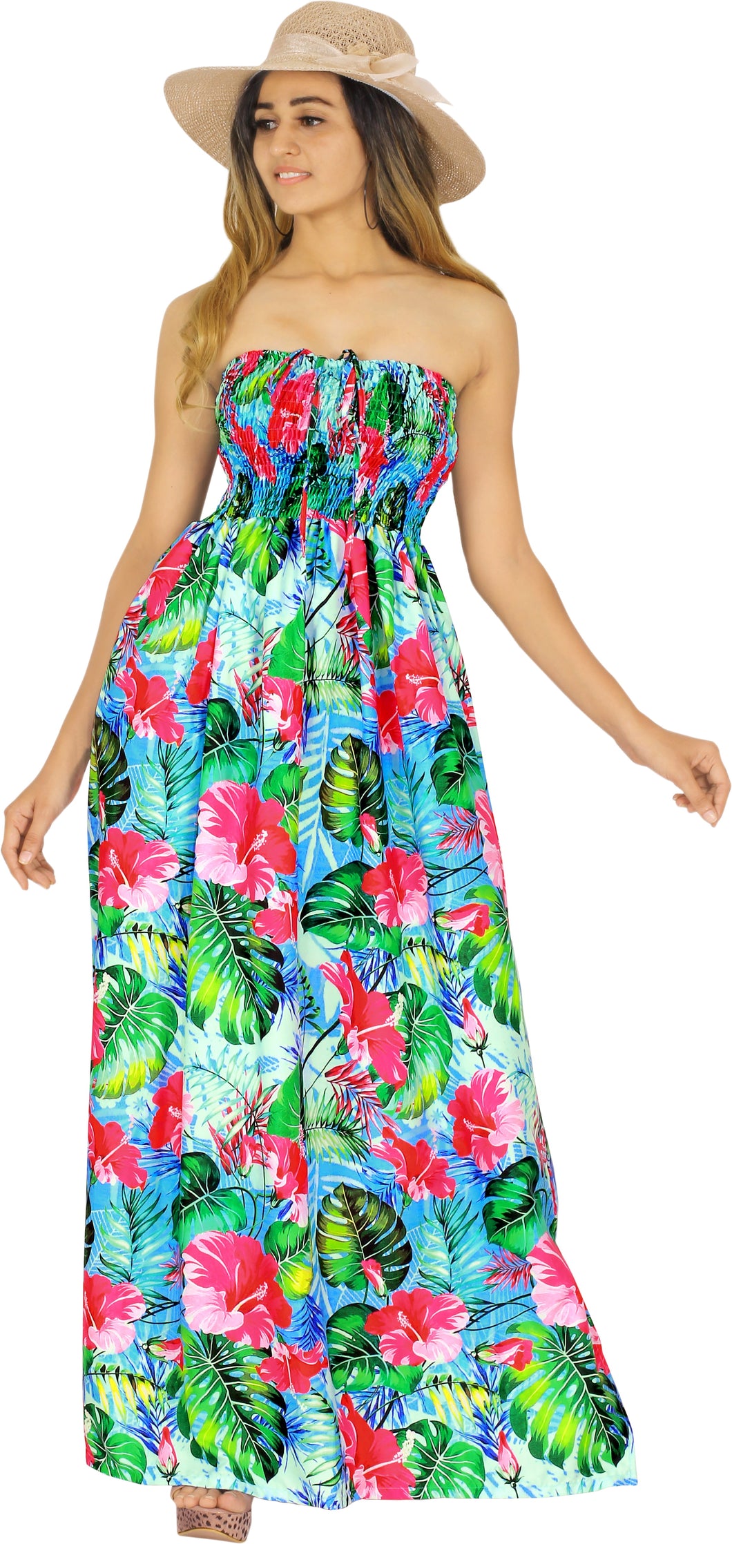 Multicolor Allover Flower and leaves Printed Long Tube Dress For Women