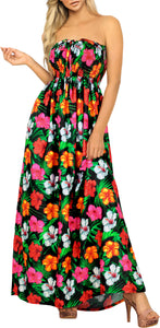 Black Allover Multi-Color Tropical Floral Print Strapless Long Dress P01048 Black Allover Multi-Color Tropical Floral Print Strapless Long Dress P01048