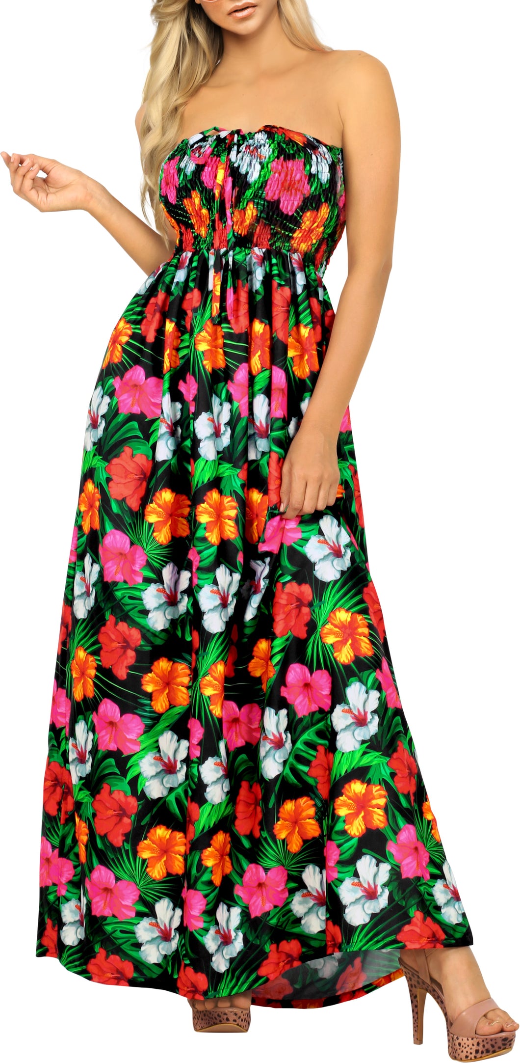 Black Allover Multi-Color Tropical Floral Print Strapless Long Dress P01048 Black Allover Multi-Color Tropical Floral Print Strapless Long Dress P01048