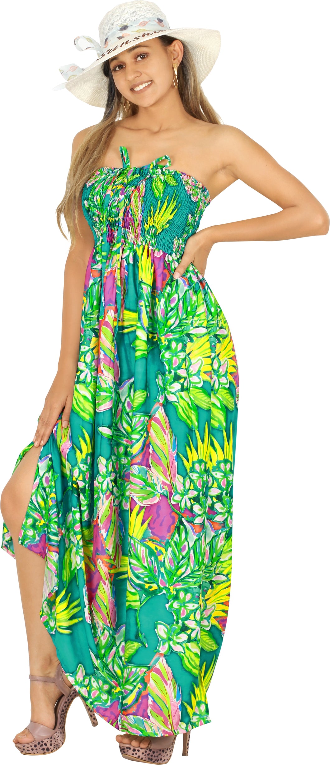 LA LEEL Beach Swimwear Soft Printed Hawaiian Tube Dress Long Sea Green One Size