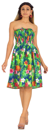 Tropical Hibiscus And Pineapple Printed Short Strapless Dress For Women