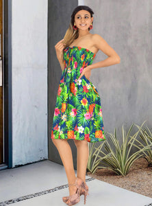 Tropical Hibiscus And Pineapple Printed Short Strapless Dress For Women
