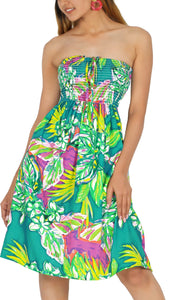 Allover Tropical Leaves and Floral Printed Short Shamrock Green Dress For Women