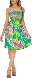 Allover Tropical Leaves and Floral Printed Short Shamrock Green Dress For Women