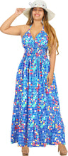 Load image into Gallery viewer, Blue Colorful Blocks Printed Halter Neck Long Dress For Women