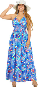 Blue Colorful Blocks Printed Halter Neck Long Dress For Women