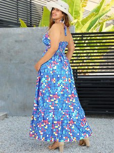 Blue Colorful Blocks Printed Halter Neck Long Dress For Women