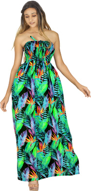 Allover Tropical Palm Leaves and Floral Printed Long Maxi Strapless Dress