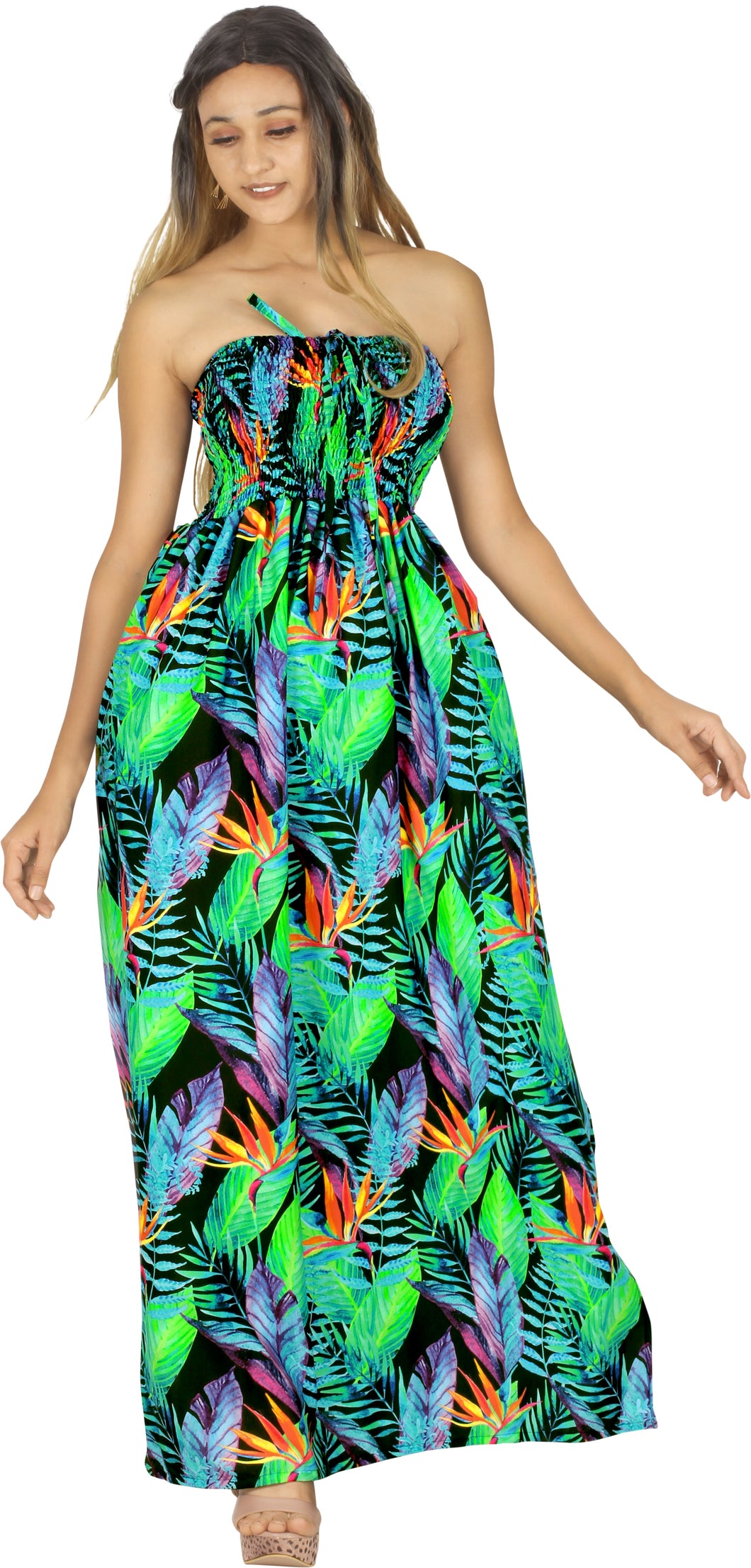 Allover Tropical Palm Leaves and Floral Printed Long Maxi Strapless Dress