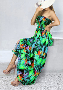 Allover Tropical Palm Leaves and Floral Printed Long Maxi Strapless Dress