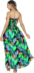 Allover Tropical Palm Leaves and Floral Printed Long Maxi Strapless Dress