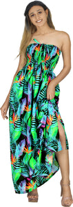 Allover Tropical Palm Leaves and Floral Printed Long Maxi Strapless Dress