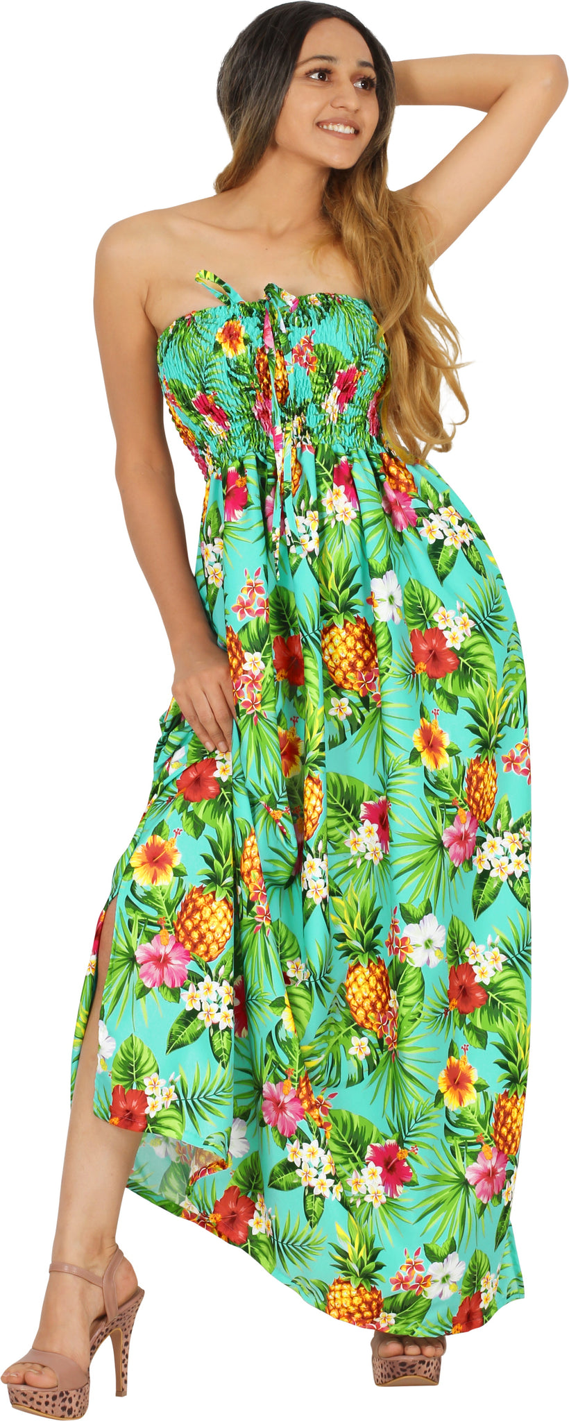 Resort Chic Shamrock Green Tropical Floral and Pineapple Print Strapless Long Dress P01050 Resort Chic Shamrock Green Tropical Floral and Pineapple Print Strapless Long Dress P01050