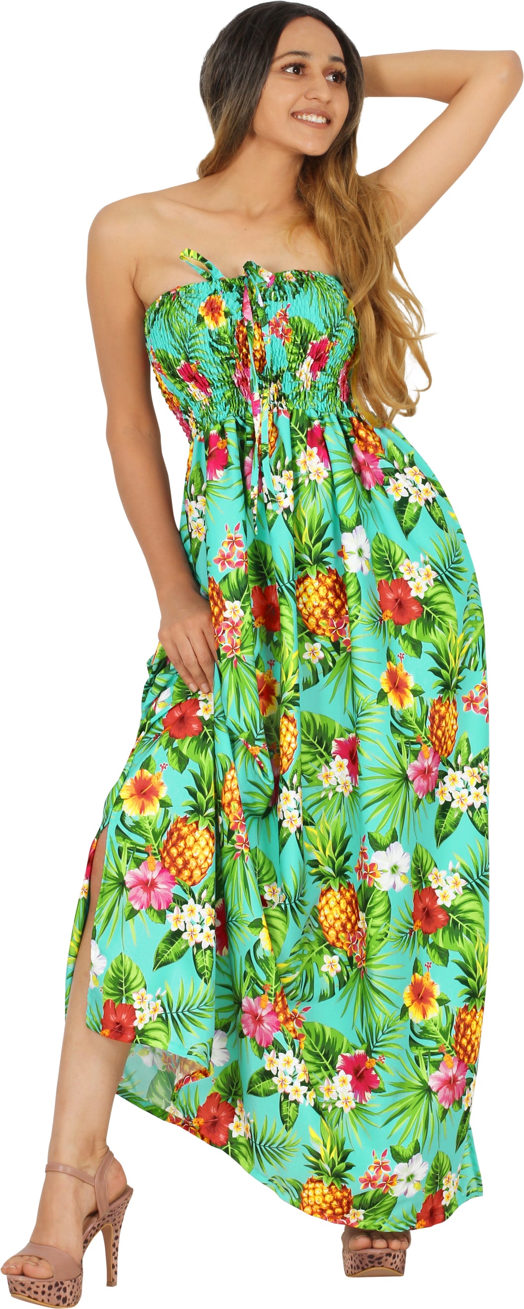 Resort Chic Shamrock Green Tropical Floral and Pineapple Print Strapless Long Dress P01050 Resort Chic Shamrock Green Tropical Floral and Pineapple Print Strapless Long Dress P01050
