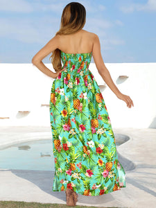 Resort Chic Shamrock Green Tropical Floral and Pineapple Print Strapless Long Dress