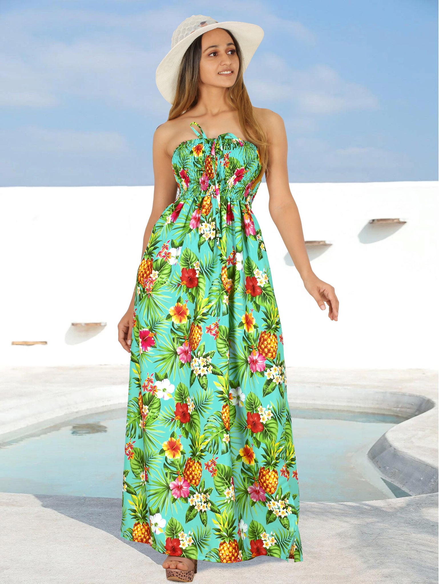 Resort Chic Shamrock Green Tropical Floral and Pineapple Print Strapless Long Dress P01050 Resort Chic Shamrock Green Tropical Floral and Pineapple Print Strapless Long Dress P01050