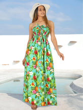 Load image into Gallery viewer, Resort Chic Shamrock Green Tropical Floral and Pineapple Print Strapless Long Dress