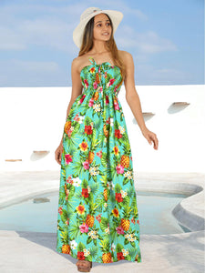 Resort Chic Shamrock Green Tropical Floral and Pineapple Print Strapless Long Dress