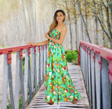 Load image into Gallery viewer, Resort Chic Shamrock Green Tropical Floral and Pineapple Print Strapless Long Dress