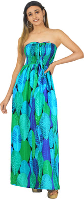 Blue Banana Leaves Printed Long Tube Dress For Women