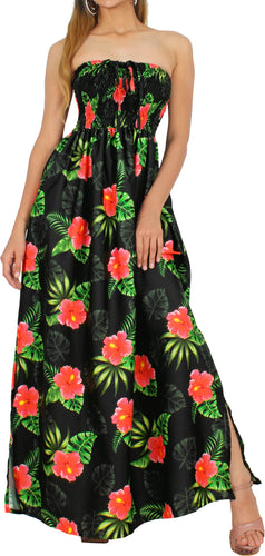Allover Hibiscus Printed Long Maxi Strapless Dress
