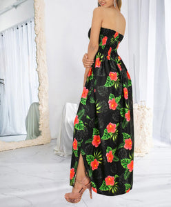 Allover Hibiscus Printed Long Maxi Strapless Dress