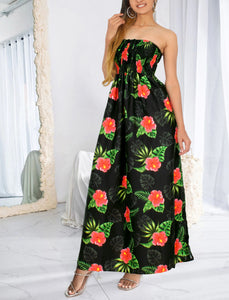 Allover Hibiscus Printed Long Maxi Strapless Dress